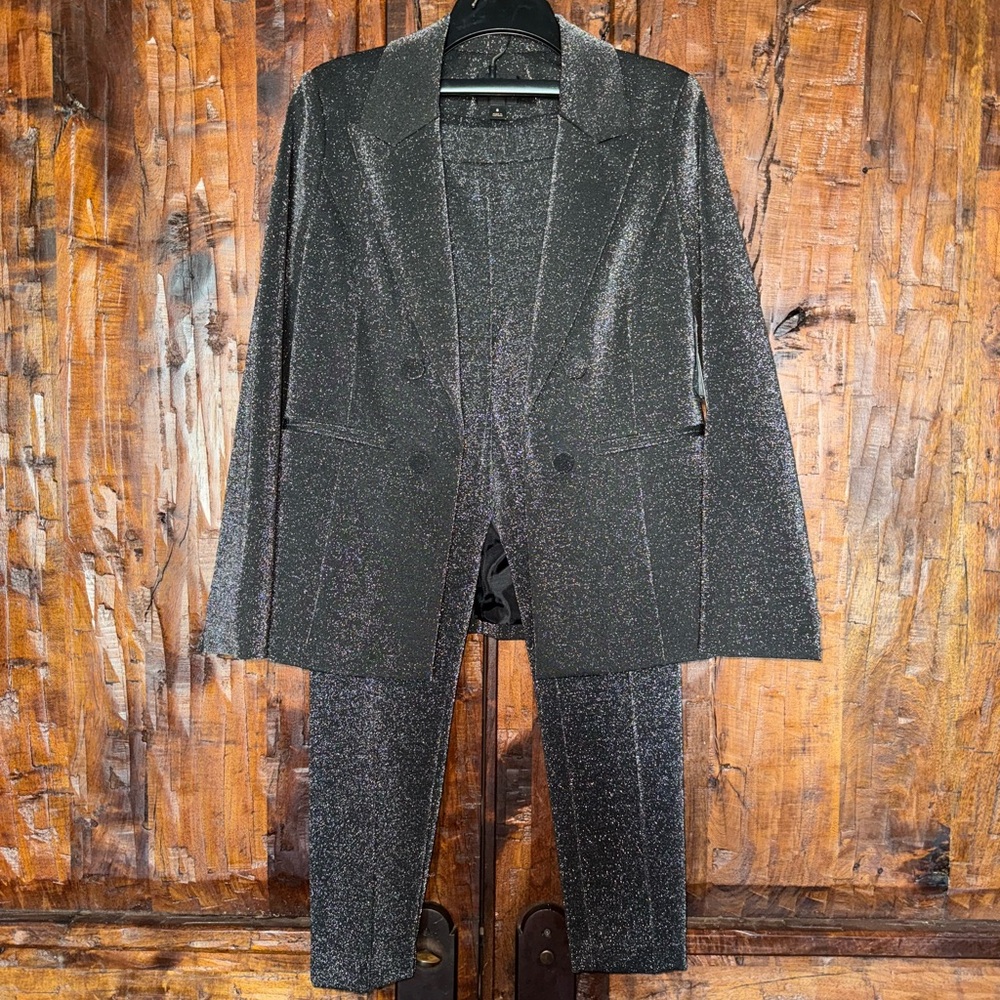 Worthingtin Elegant Black Glitter Women's Blazer and Pants Set